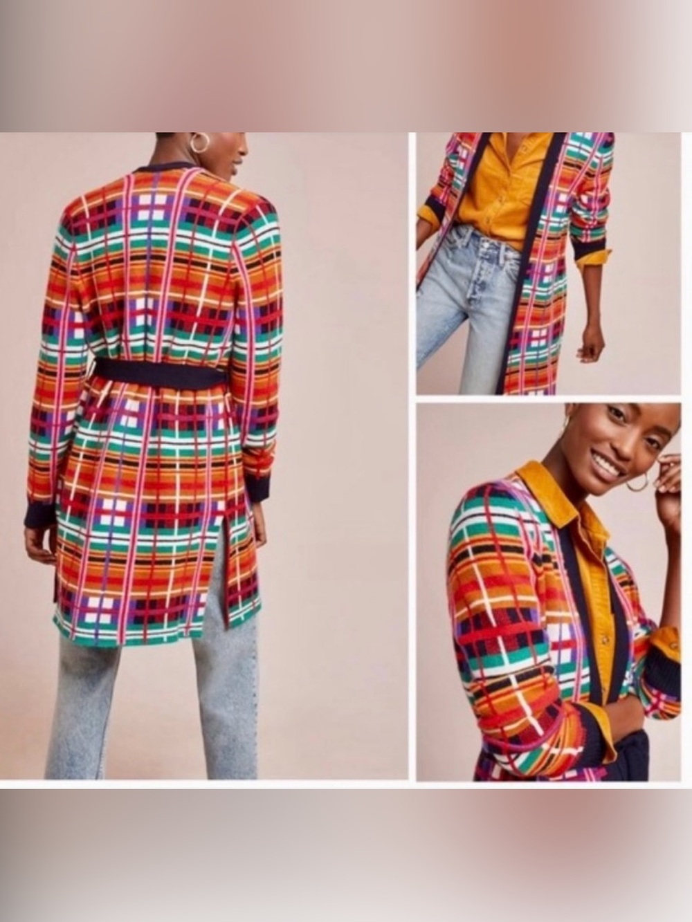 Moth Multicolor Plaid Open-Front Jacket - Orange, Red, Teal, Pink, Navy